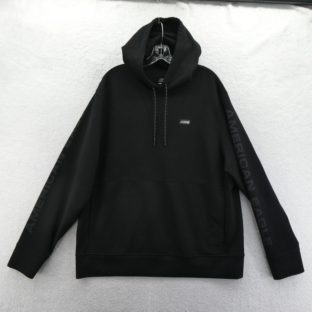 American Eagle Hoodie Mens XL Black Logo Sleeve Graphic Pullover Recycled Blend